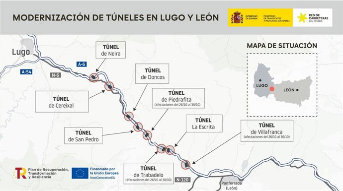Transportes revisa la ventilación en túneles de la A-6 en León y Lugo con cortes nocturnos de tráfico.