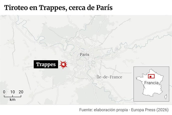 Mapa con localización del suceso. Al menos una persona ha muerto y otras cuatro han resultado heridas este viernes a causa de un tiroteo en Trappes, en los alrededores de París, según ha confirmado el primer ministro francés, Sébastien Lecornu, que ha hab