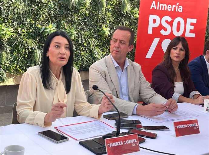 La cabeza de lista del PSOE de Almería al Congreso, Anabel Mateos, durante el desayuno informativo, junto al candidato al Senado, José María Martín.