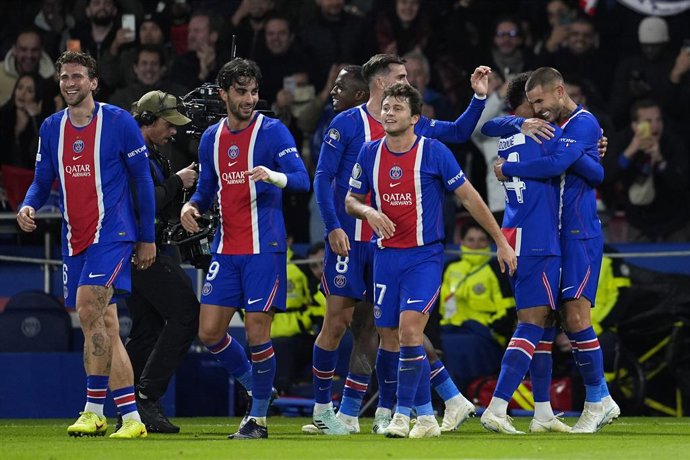 Lucas Hernandez of PSG celebrates after scoring his team's second goal during the UEFA Champions League 2026/27 League Phase MD3 match between Paris Saint-Germain and FC Barcelona at Parc des Princes on Octuber 20, 2026, in Paris, France.