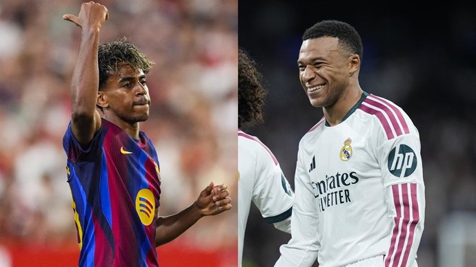 El extremo español del FC Barcelona Lamine Yamal y el delantero francés del Real Madrid Kylian Mbappé.