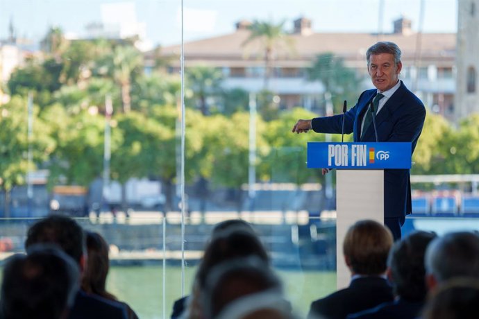 El president del PP, Alberto Núñez Feijóo, intervé en  un acte de precampanya celebrat a Sevilla. 
