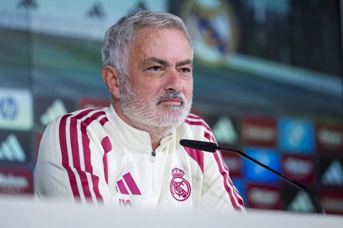 October 24, 2026, Valdebebas, Madrid, Spain: Jose Mourinho, Head Coach of Real Madrid, speaks during a press conference ahead of the LaLiga EA Sports match against FC Barcelona at Ciudad Real Madrid on October 24, 2026 in Valdebebas, Spain.