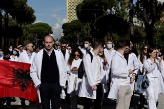 October 23, 2026, Tirana, Albania: TIRANA, ALBANIA, OCTOBER 23, 2026: University professors and medical students gather outside the Prime Minister's Office during an anti-government demonstration in Tirana. Protesters call for Prime Minister Edi Rama's re