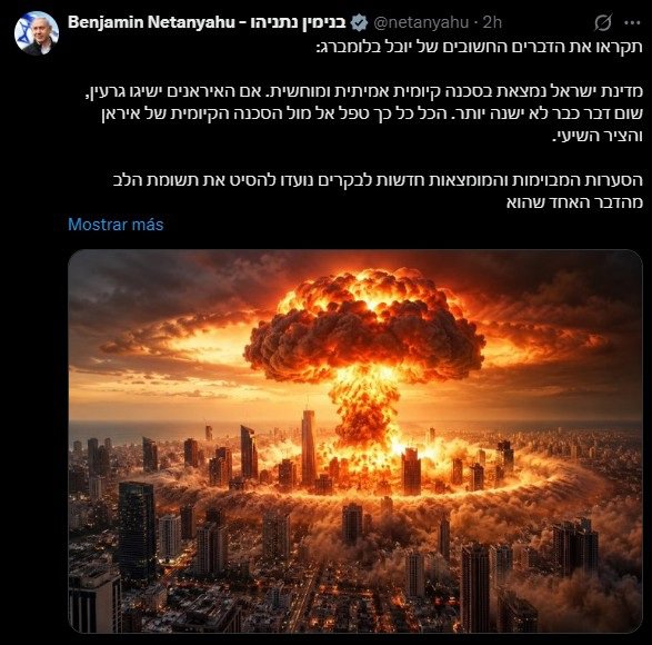 Postagem de Benjamin Netanyahu gerada por IA, mostrando uma bomba nuclear explodindo sobre Tel Aviv