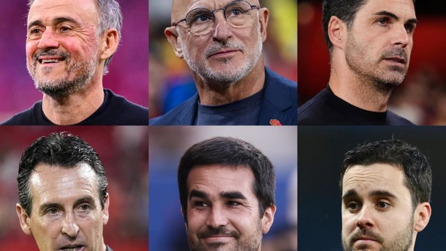 De arriba abajo y de izquierda a derecha: Luis Enrique, Luis de la Fuente, Mikel Arteta, Unai Emery, Pere Romeu y Jonatan Giráldez