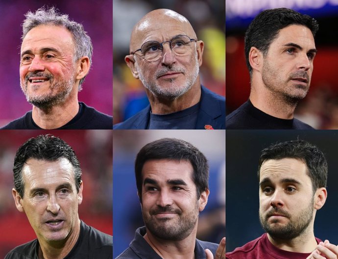 De arriba abajo y de izquierda a derecha: Luis Enrique, Luis de la Fuente, Mikel Arteta, Unai Emery, Pere Romeu y Jonatan Giráldez