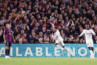 Kylian Mbappe of Real Madrid CF celebrates a goal during the Spanish League, LaLiga EA Sports, football match between FC Barcelona and Real Madrid CF at Spotify Camp Nou on October 25, 2026, in Barcelona, Spain.
