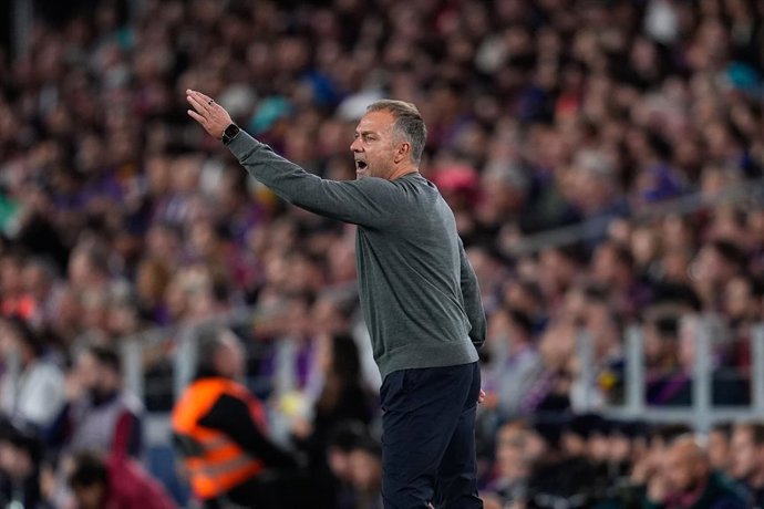 Hansi Flick, head coach of FC Barcelona, reacts during the Spanish League, LaLiga EA Sports, football match between FC Barcelona and Real Madrid CF at Spotify Camp Nou on October 25, 2026, in Barcelona, Spain.