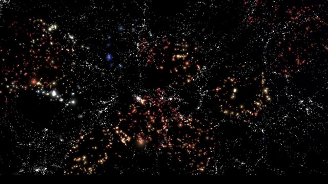 Archivo - Representación de la estructura a gran escala del Universo. Las galaxias coloreadas representan las galaxias en vacíos usadas en CAVITY. El color y tamaño de las galaxias no está representado a escala. Créditos: Andoni Jiménez.