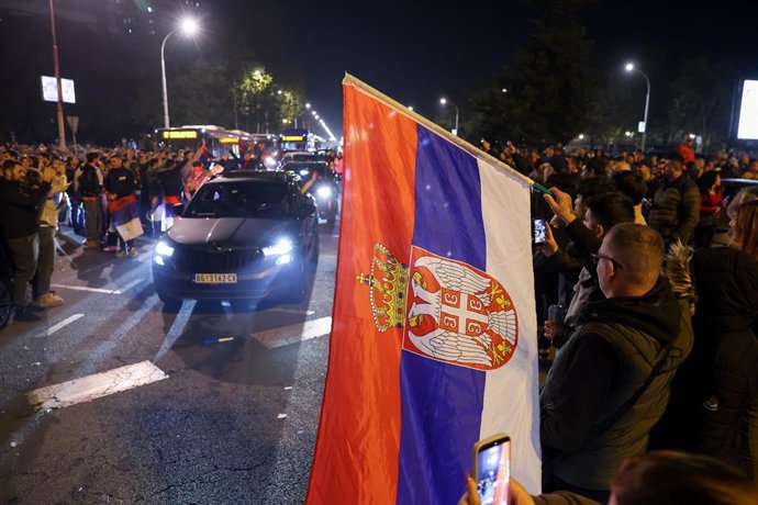 SERBIA, BELGRADE - OCTOBER 26, 2026: Activists supporting the opposition ''Student List'' electoral list stage a rally celebrating their victory in the 2026 Serbian parliamentary election