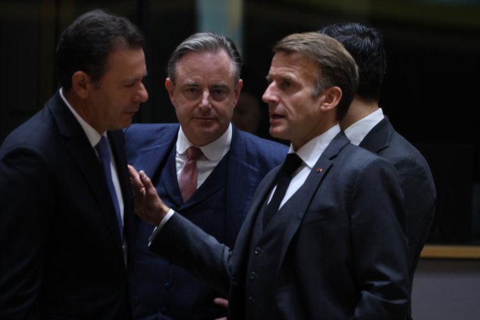 October 15, 2026, Brussels, Belgium: Portugal's Prime Minister Luis Montenegro; Belgian Prime Minister Bart De Wever and France's President of the Republic Emmanuel Macron pictured during a European Council Summit (15-16/10) on Thursday 15 October 2026 in