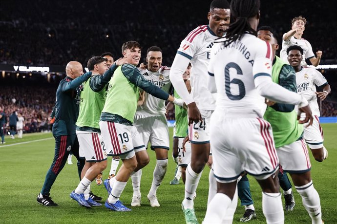 Kylian Mbappe of Real Madrid CF celebrates a goal with teammates during the Spanish League, LaLiga EA Sports, football match between FC Barcelona and Real Madrid CF at Spotify Camp Nou on October 25, 2026, in Barcelona, Spain.