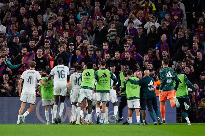Kylian Mbappe of Real Madrid CF celebrates after scoring his team's second goal with teammates during the Spanish League, LaLiga EA Sports, football match between FC Barcelona and Real Madrid CF at Spotify Camp Nou on October 25, 2026, in Barcelona, Spain