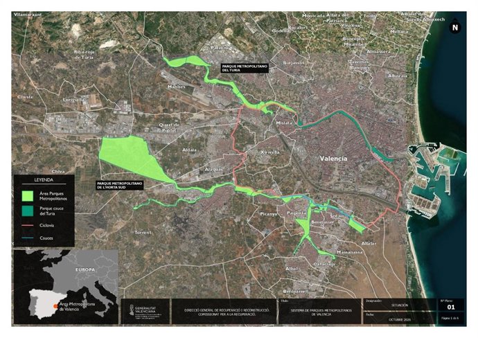 Plano general de los parques inundables que proyecta la Generalitat en el área metropolitana de Valencia