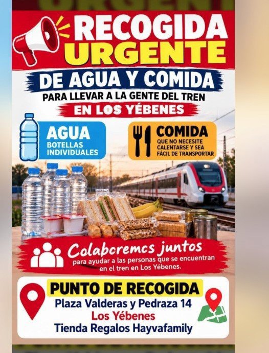 Vecinos de Los Yébenes se movilizan para llevar agua y comida a las personas que se encuentran en los trenes.