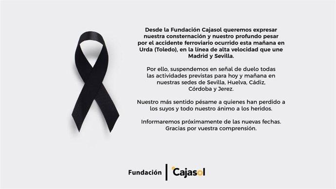Fundación Cajasol traslada su consternación por el accidente ferroviario en Toledo y suspende las actividades programadas.