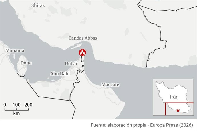 Archivo - Ubicación aproximada de un buque víctima de un "incidente" frente a las costas de Omán en el estrecho de Ormuz