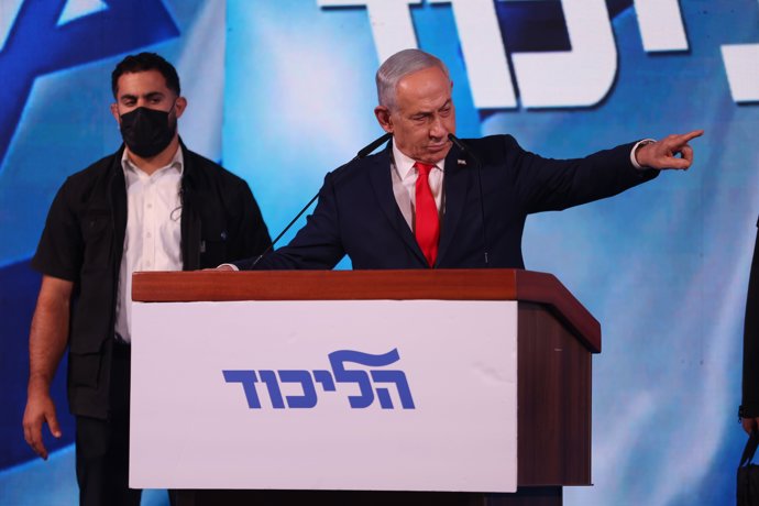 October 28, 2026, West Jerusalem, Israel: WEST JERUSALEM, OCTOBER 28, 2026: Israeli Prime Minister and Likud party leader Benjamin Netanyahu addresses supporters at the party's election headquarters in West Jerusalem following the release of exit polls an