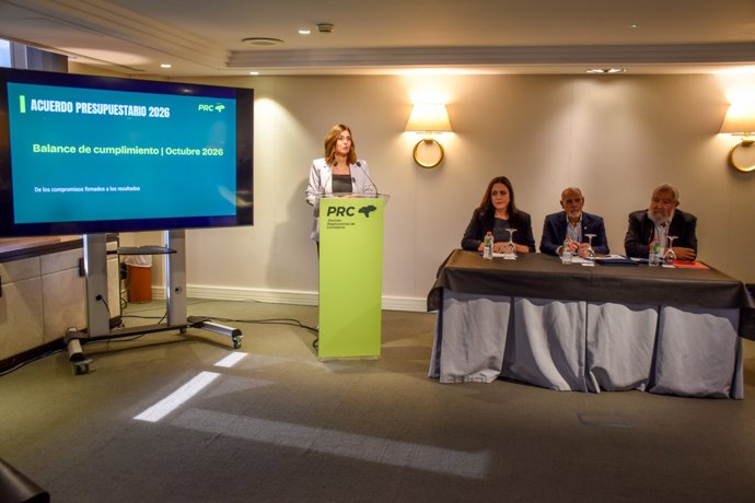 La candidata del PRC a la Presidencia de Cantabria, Paula Fernández, presenta el primer balance sobre el grado de cumplimiento del pacto presupuestario 2026 junto a los tres consejeros independientes designados por el partido para elaborarlo