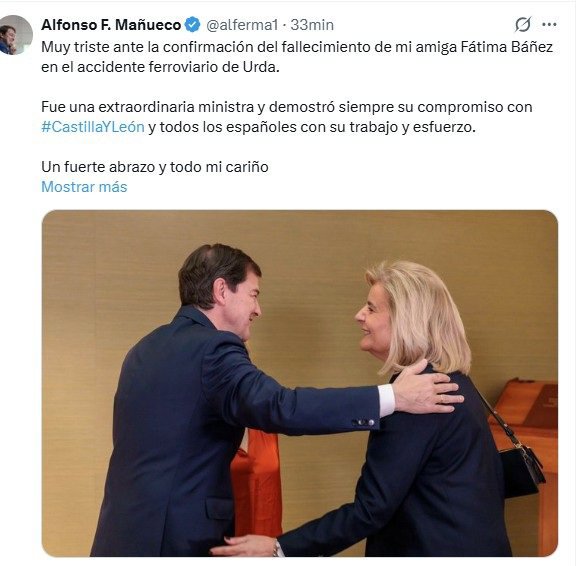 Captura del mensaje que ha publicado el presidente de la Junta de Castilla y León tras confirmarse la muerte de Fátima Báñez.