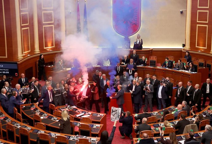 October 29, 2026, Tirana, Virginia, Albania: Albanian Prime Minister Edi Rama (C) looks on opposition lawmakers light flares and set off smoke bombs during a session of Albania's parliament in Tirana on October 29, 2026, as they sought to disrupt a vote a