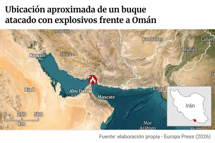 Mapa con localización del ataque. Un buque cisterna ha sido objetivo de un ataque con explosivos cuando se encontraba frente a las costas de Omán en el estrecho de Ormuz, según ha indicado este viernes el centro de Operaciones Marítimas Comerciales de Rei