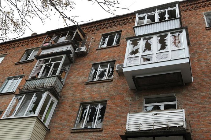 October 30, 2026, Dnipro, Ukraine: Windows in an apartment block on Oleksandra Polia Avenue are shattered by a Russian drone strike in Dnipro, Ukraine, on October 30, 2026. The Russian attack damaged at least five residential high-rise buildings and a sch