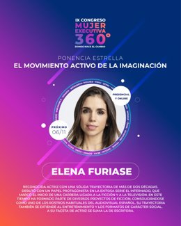 Cartel sobre la participación de la actriz y empresaria Elena Furiase en el IX Congreso Mujer Executiva 360º que se celebra en Badajoz el 6 de noviembre de 2026.