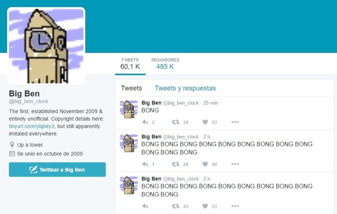 Cuenta Big Ben Clock que da la hora en Twitter
