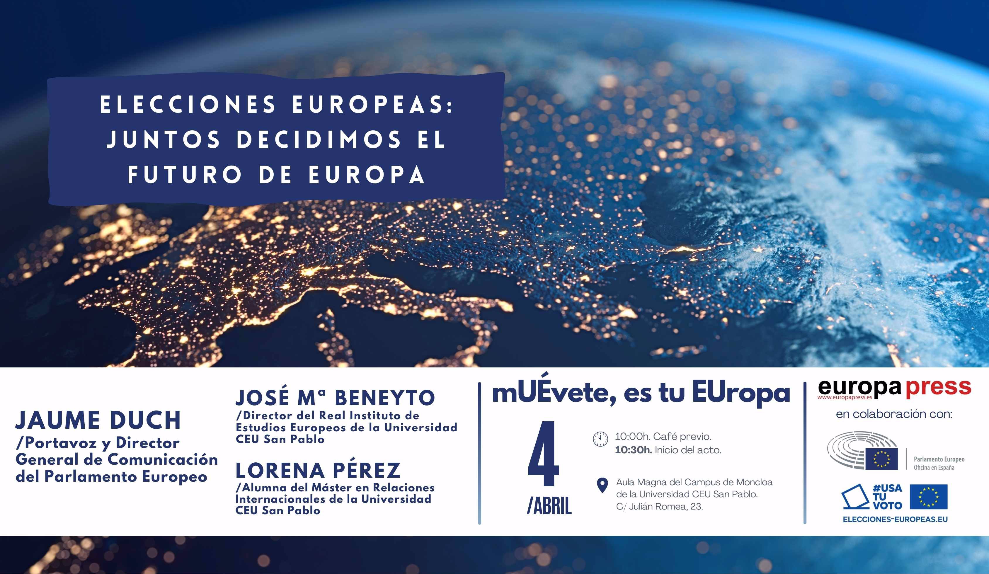 Cartel evento mU&#201;vete, es tu EUropa: Elecciones europeas, juntos decidimos el futuro de Europa