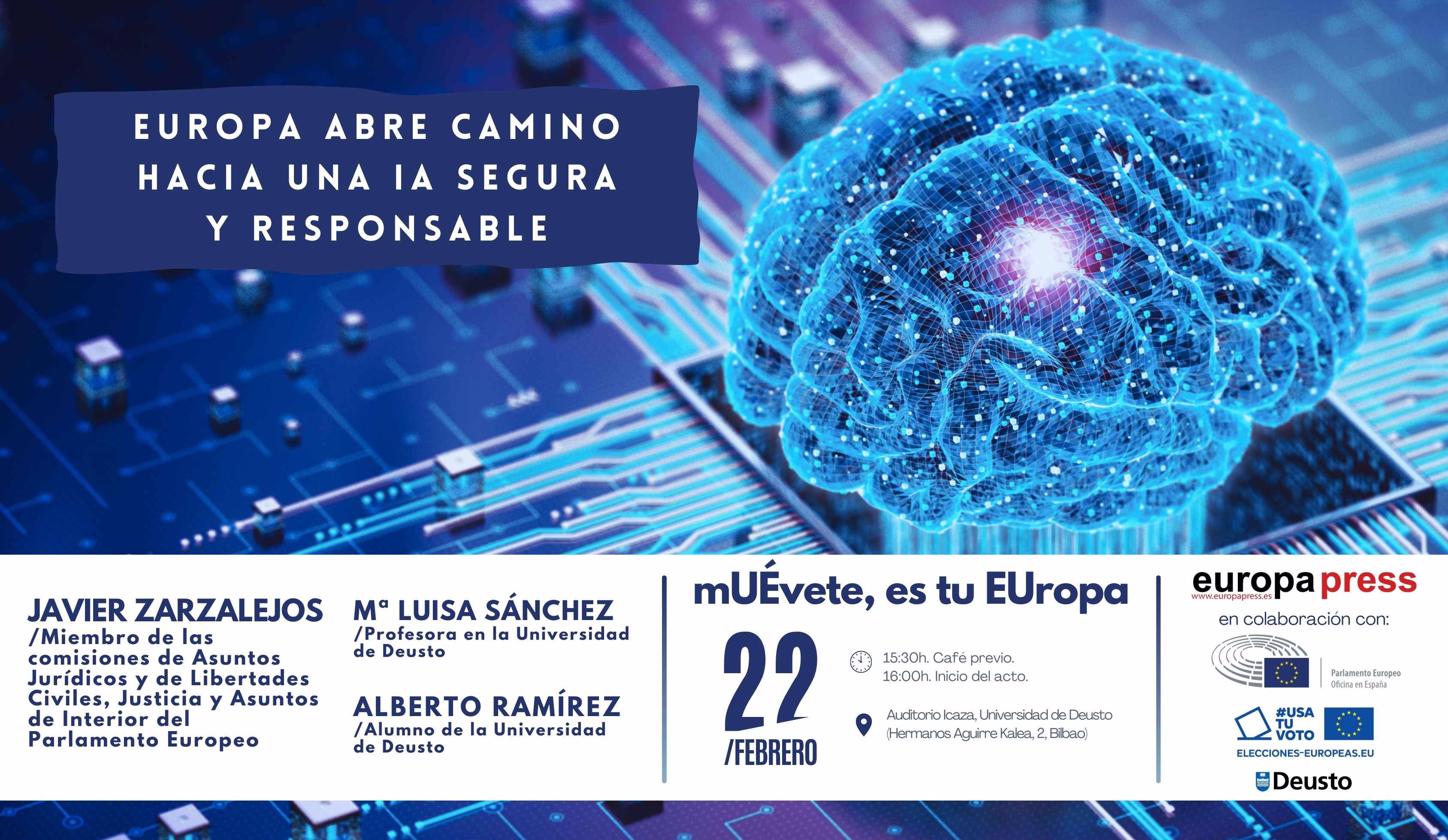 Cartel evento mU&#201;vete, es tu EUropa: Europa abre camino hacia una IA segura y responsable